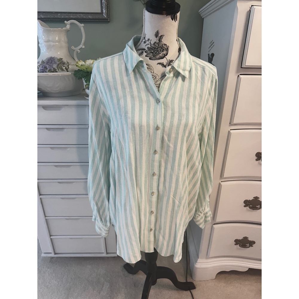 LC Lauren Conrad Mint Green White Striped Button Down Shirt Large NWT